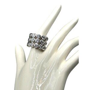 Clear Rhinestones Ring Size 7 Wide Band Silver Tone Metal 3 Row Statement Ring